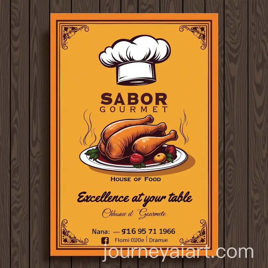Sabor-Gourmet-Rotisserie-Poster-with-Chefs-Hat-Logo-and-Orange-Wood-Design