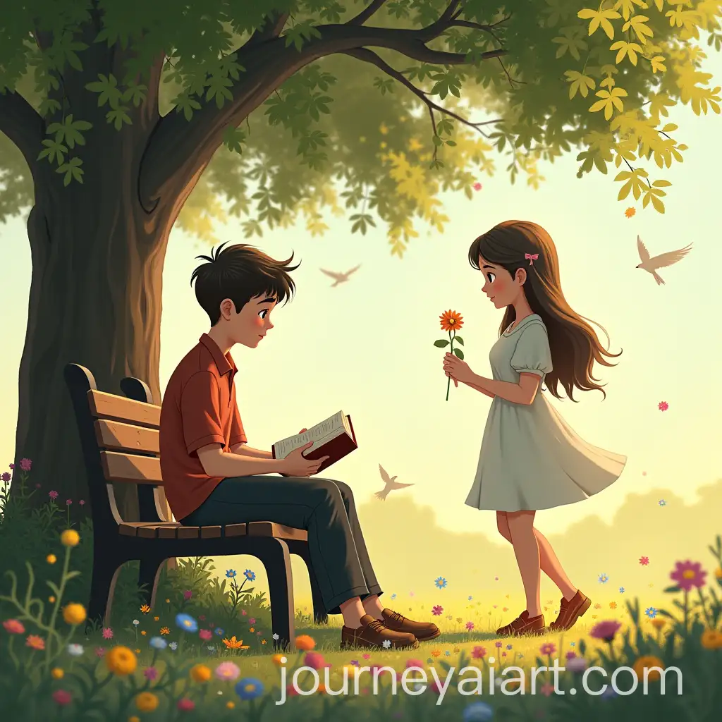 Shy-Young-Man-and-Curiously-Intrigued-Woman-Meet-in-a-Serene-Park