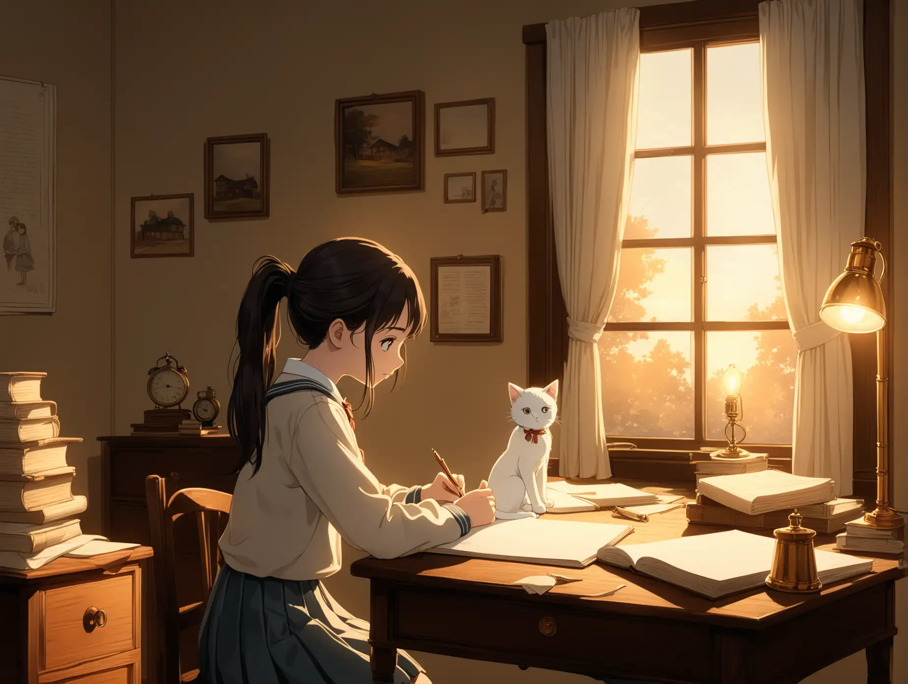 A cozy and warm study scene featuring a young girl with long dark hair tied in a ponytail, wearing a classic school uniform with a ribbon. She is sitting at a wooden desk, writing in a notebook with deep focus. A vintage desk lamp casts a soft golden glow, illuminating the books, papers, and objects around her. A small white cat sits beside her, watching curiously. The window behind her lets in warm afternoon or early evening light, with gentle curtains adding to the peaceful atmosphere. The scene has a nostalgic and anime-style aesthetic, evoking a calm and studious mood