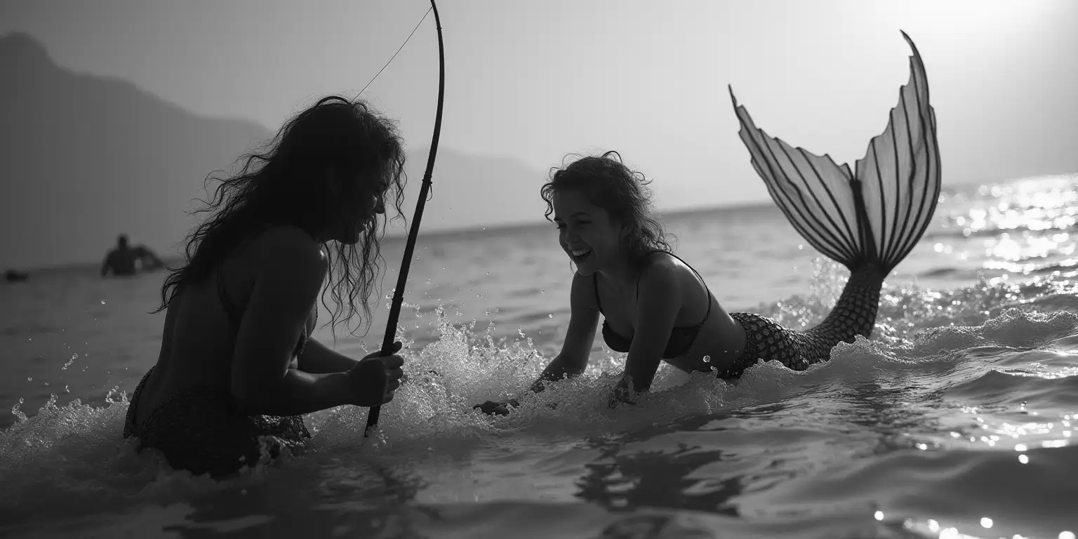 Fishermen Catching a Mermaid in a Monochrome Scene