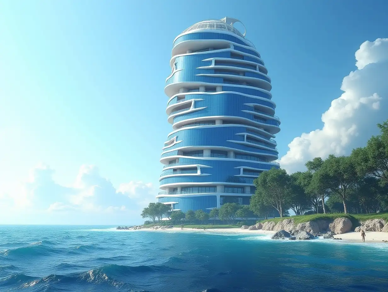 Create a high-resolution, realistic image of a panorama of a futuristic very tall building with windows twisted like a snail's house with blue and white facades with sea with very large waves, big trees, blue sky