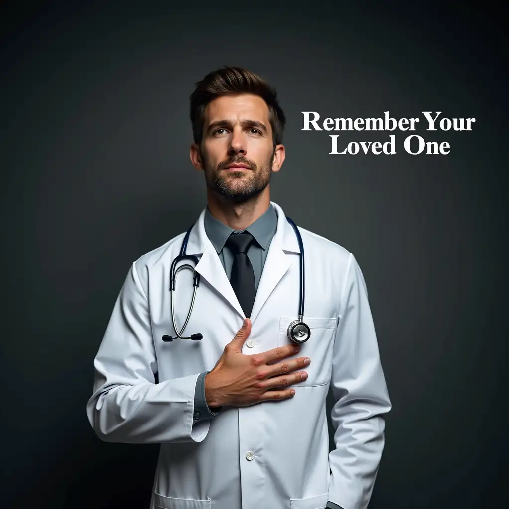 A man in a spotlessly clean white doctor's coat with a stethoscope around his neck, wearing a solemn and respectful expression. His right hand is firmly pressed against his chest, a gesture full of remembrance. In the upper - right corner of the image, the text 'Remember Your Loved One' is prominently presented in a clear and elegant font. The background is a deep, solemn gray, exuding a sense of gravity and solemnity. The entire scene is steeped in an atmosphere of mourning and reverence, as if paying tribute to the departed.