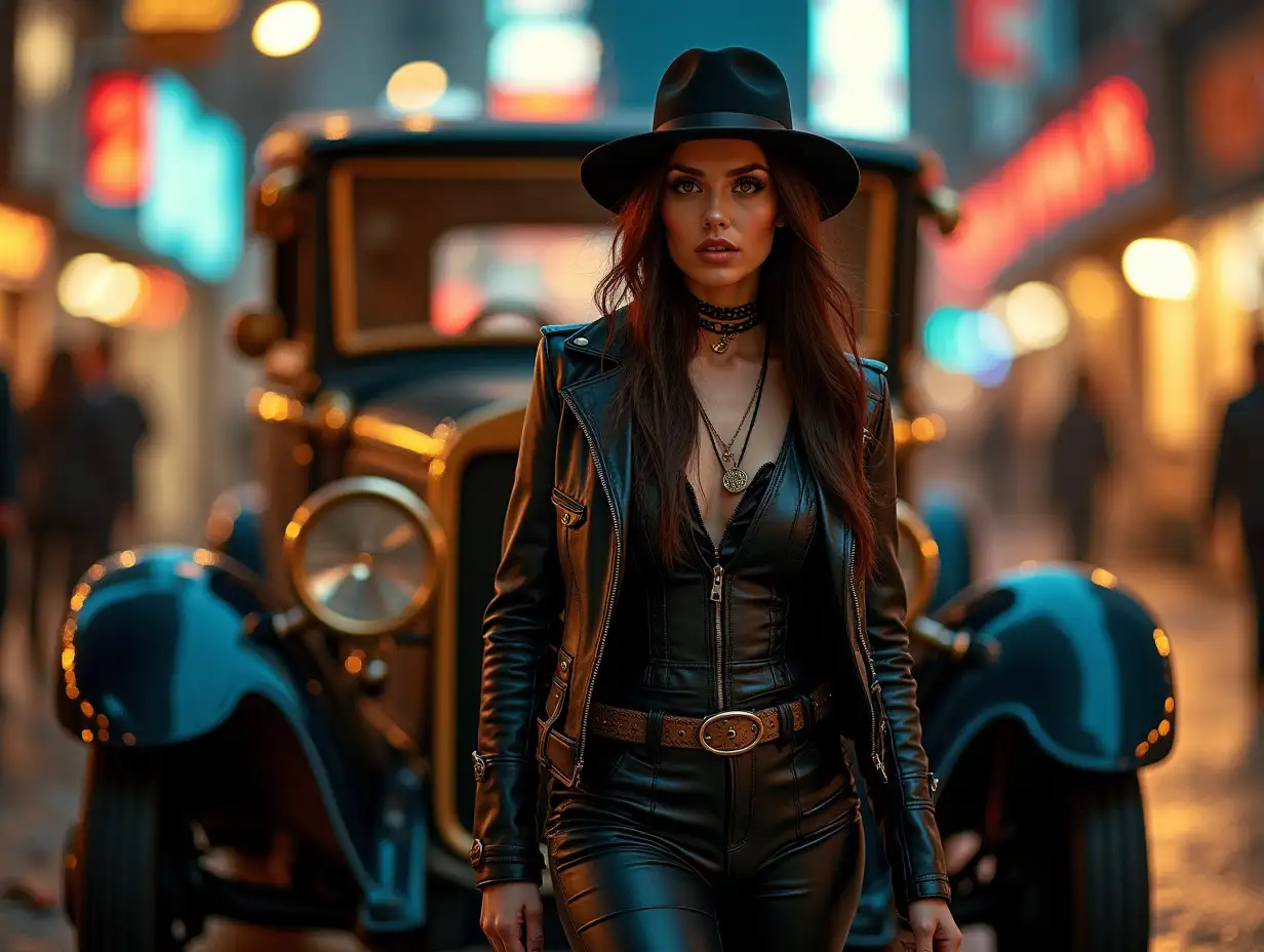 Steampunk-Diva-Walking-Past-Vintage-BrassDecorated-Car-in-Vibrant-City-Lights