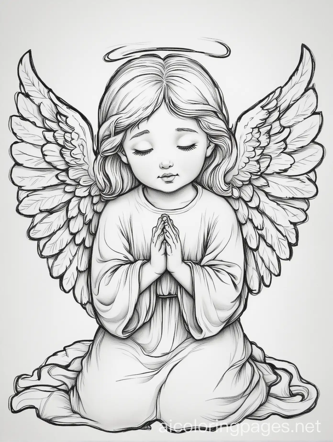 Children-Coloring-Angel-Praying-Page-Black-and-White-Line-Art