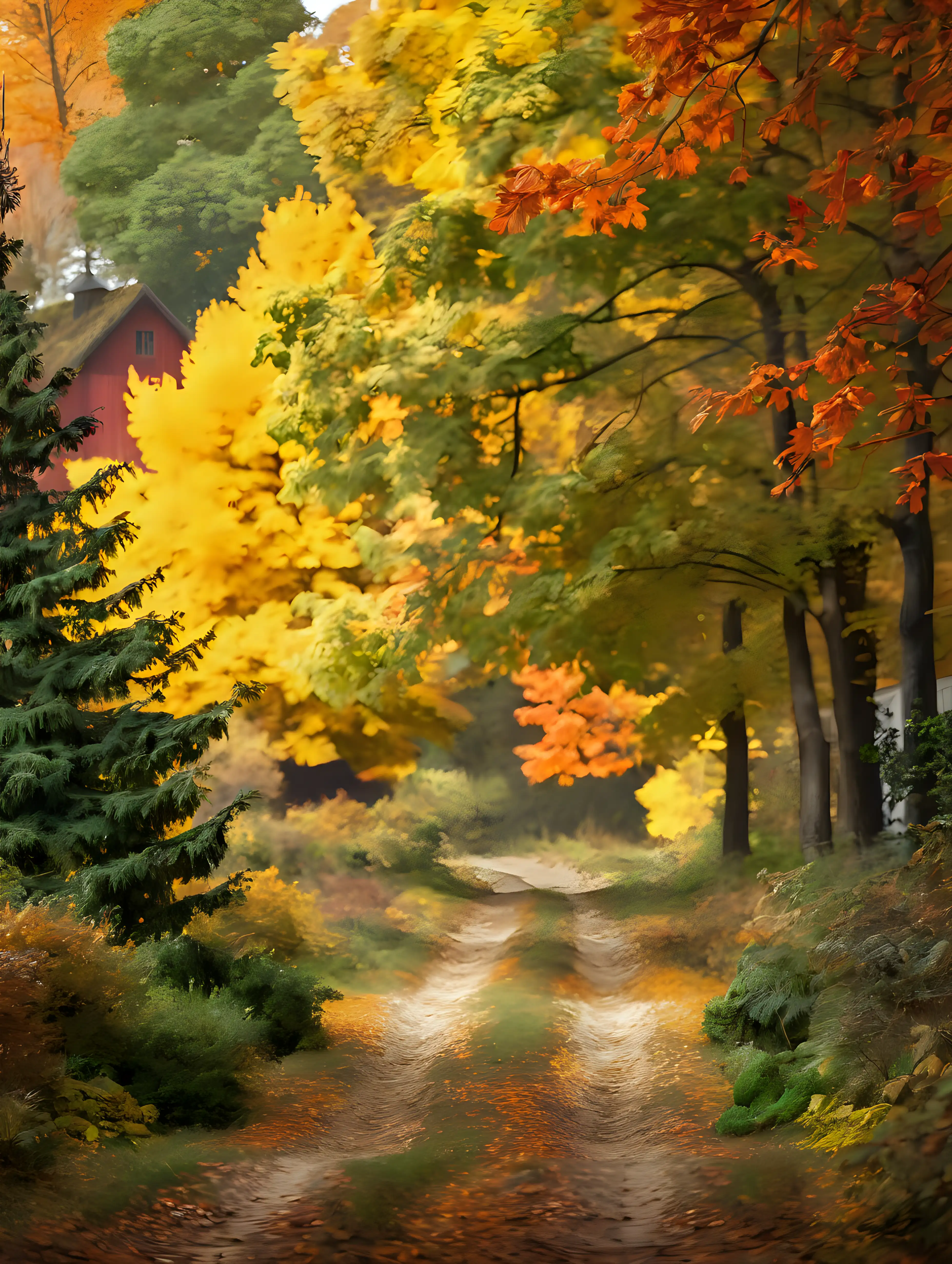 Autumn Forest Path with Barn in Background