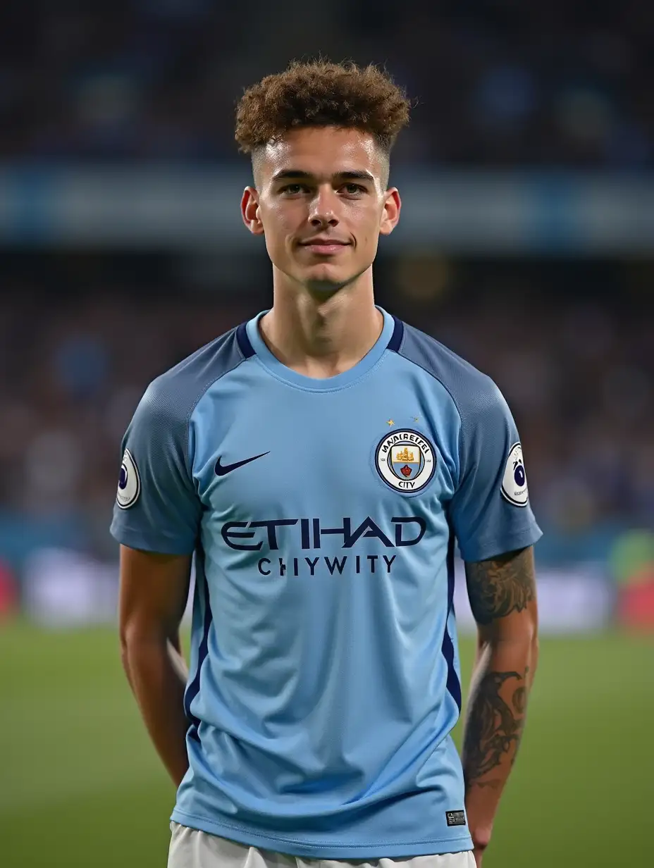 20 to 22 year old boy standing in manchester city jersey