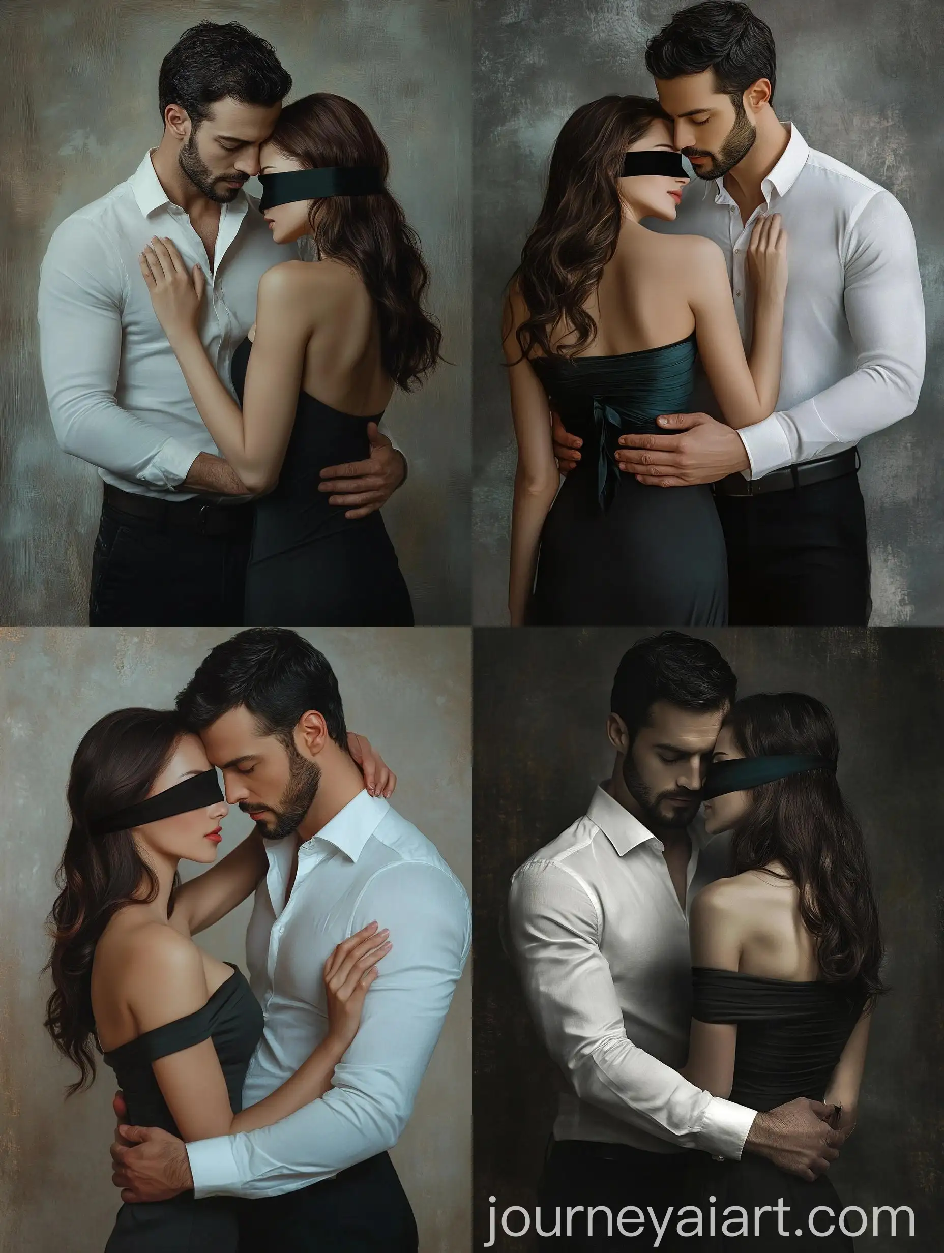 Young-Man-Embracing-Blindfolded-Woman-in-White-Dress