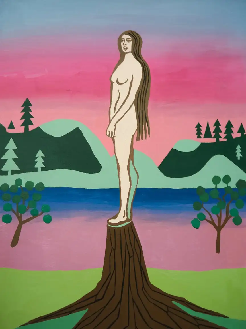 Feminist-Girl-with-Hairy-Legs-in-Abstract-Primitivism-Style-Surrounded-by-Birch-Trees