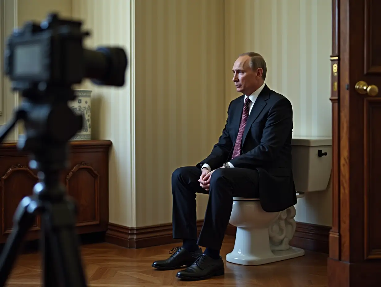 Putin is sitting on the toilet in the Kremlin's office, next to a tripod with a television camera filming Putin