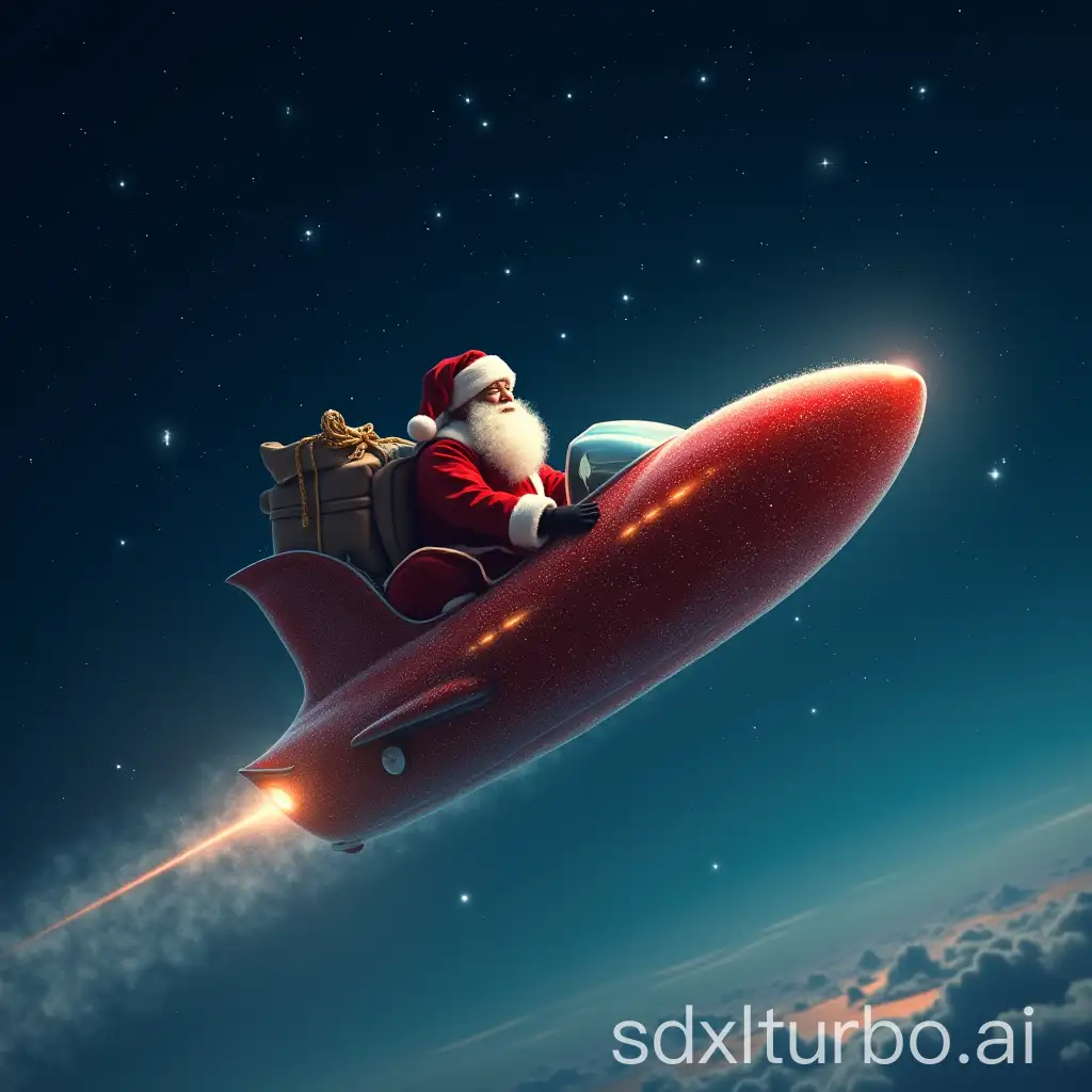 Santa, riding a sparkling modern car plane that takes him high into the night sky, where stars are his only companions.