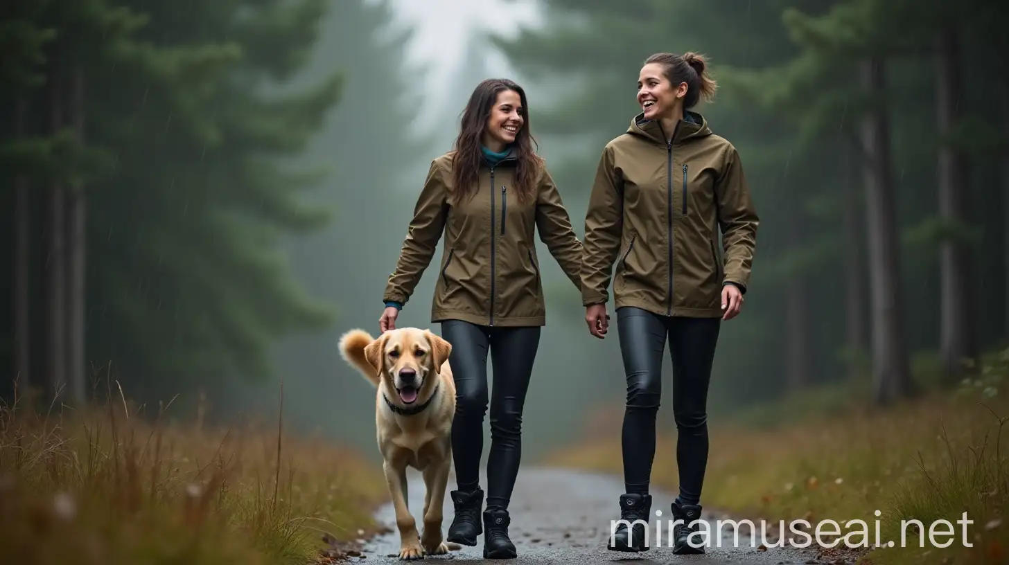 Joyful Scandinavian Woman Walking with Labrador in Rainy Forest