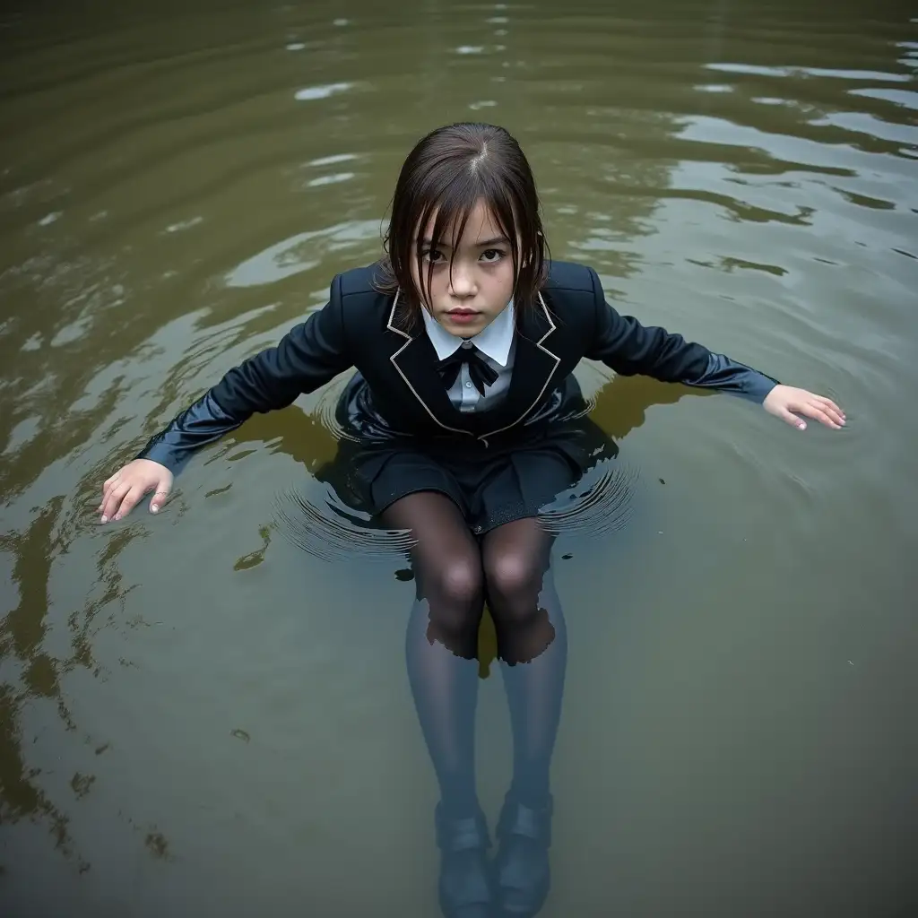 A schoolgirl in a school uniform, with a skirt, jacket, blouse, dark tights, high-heeled shoes. Swims in a dirty pond, body submerged in water, body under the surface of the water, clothing completely wet, all clothing looks wet, wet clothing sticks to the body.