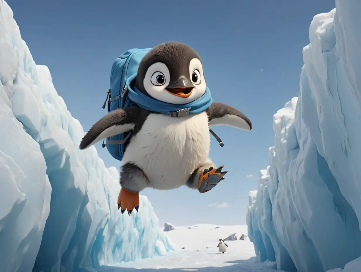 Wide-angle shot of a cute baby penguin with a blue backpack jumping across a crevasse in Antarctica, side view ,3d disney inspire