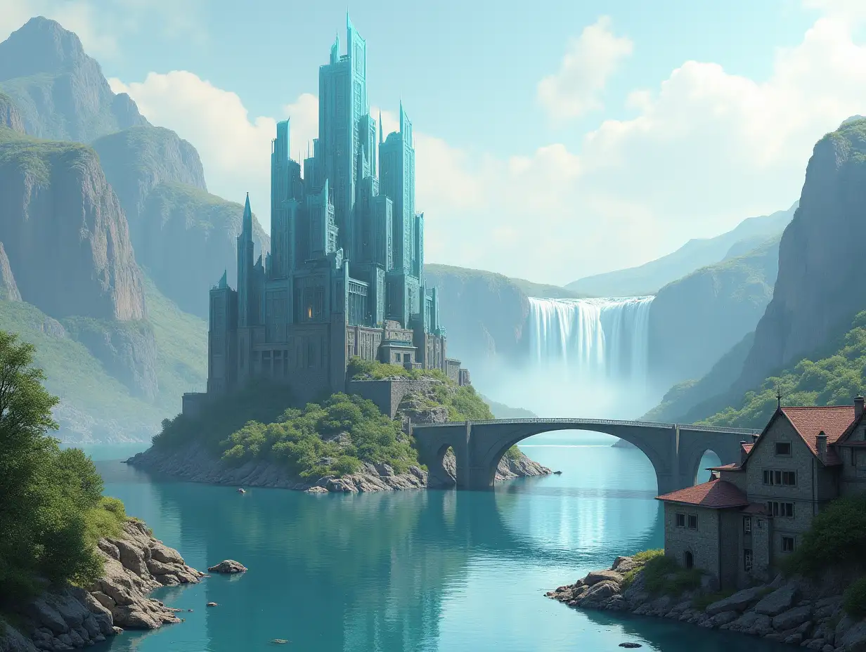 Create a scene with a futuristic castle located on a small island. The castle should be made of glass and metal. In the background, behind the castle, place a powerful waterfall. In front of the castle draw a calm river, over which a beautiful bridge, made in modern style, is thrown. Further, on the river bank, depict a medieval town with stone buildings, narrow streets.