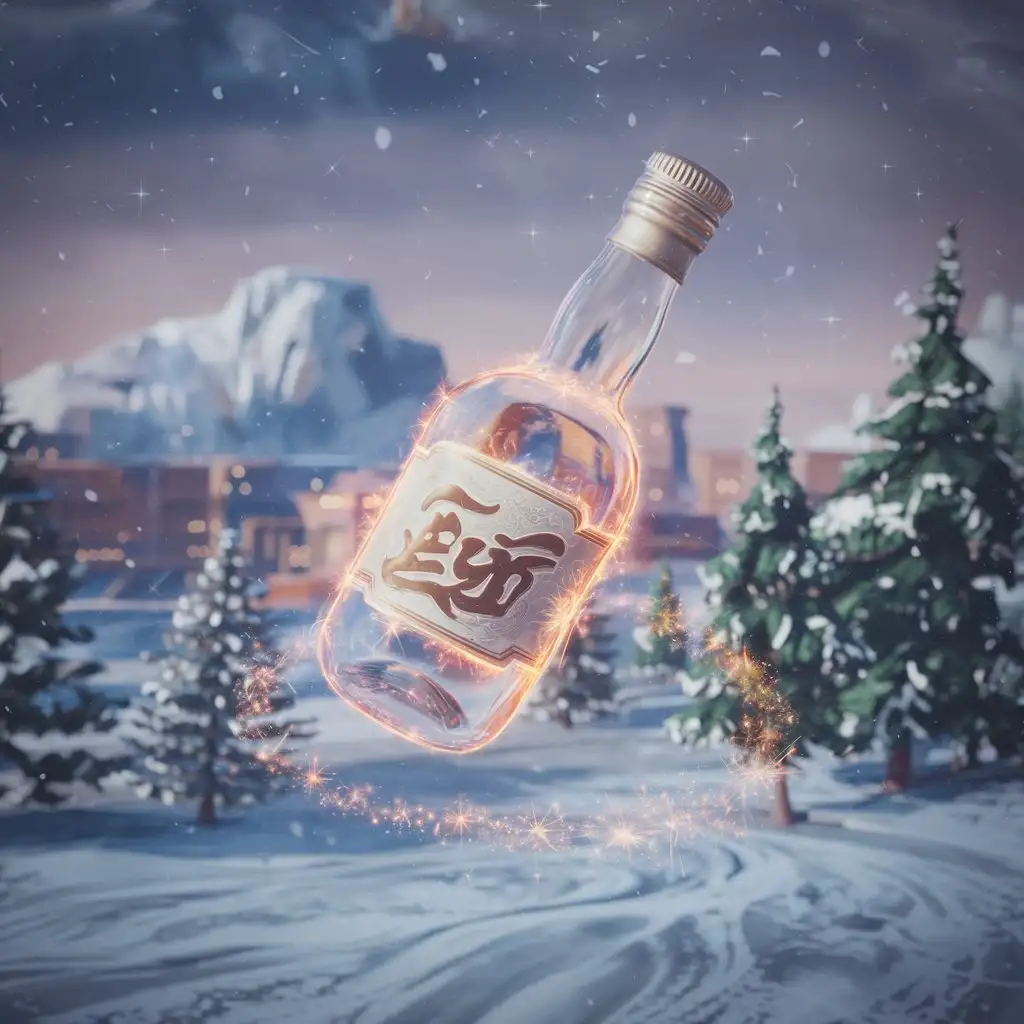 bottle IN air on a winter nature background with 3d special effects