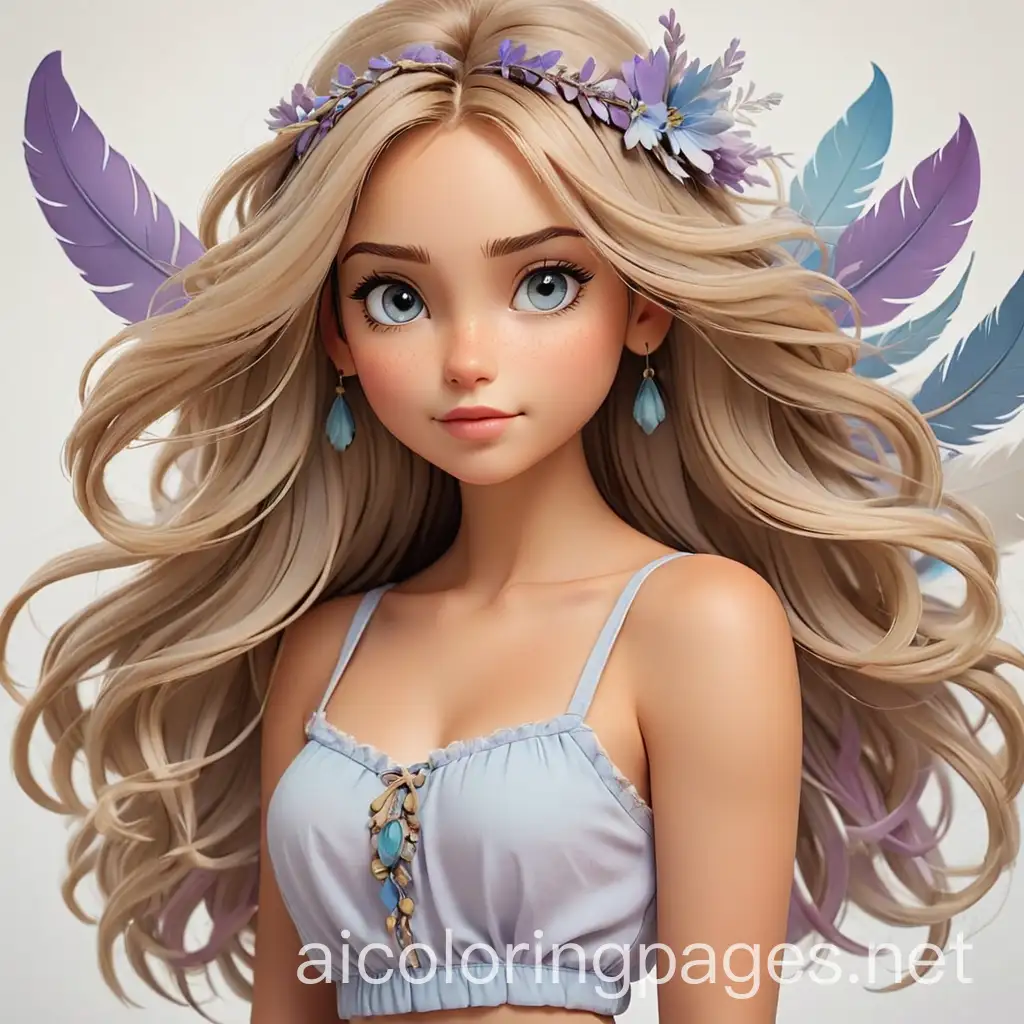 Blonde-Woman-in-Lavender-Boho-Skirt-with-Feathered-Hair-for-Kids-Coloring-Page