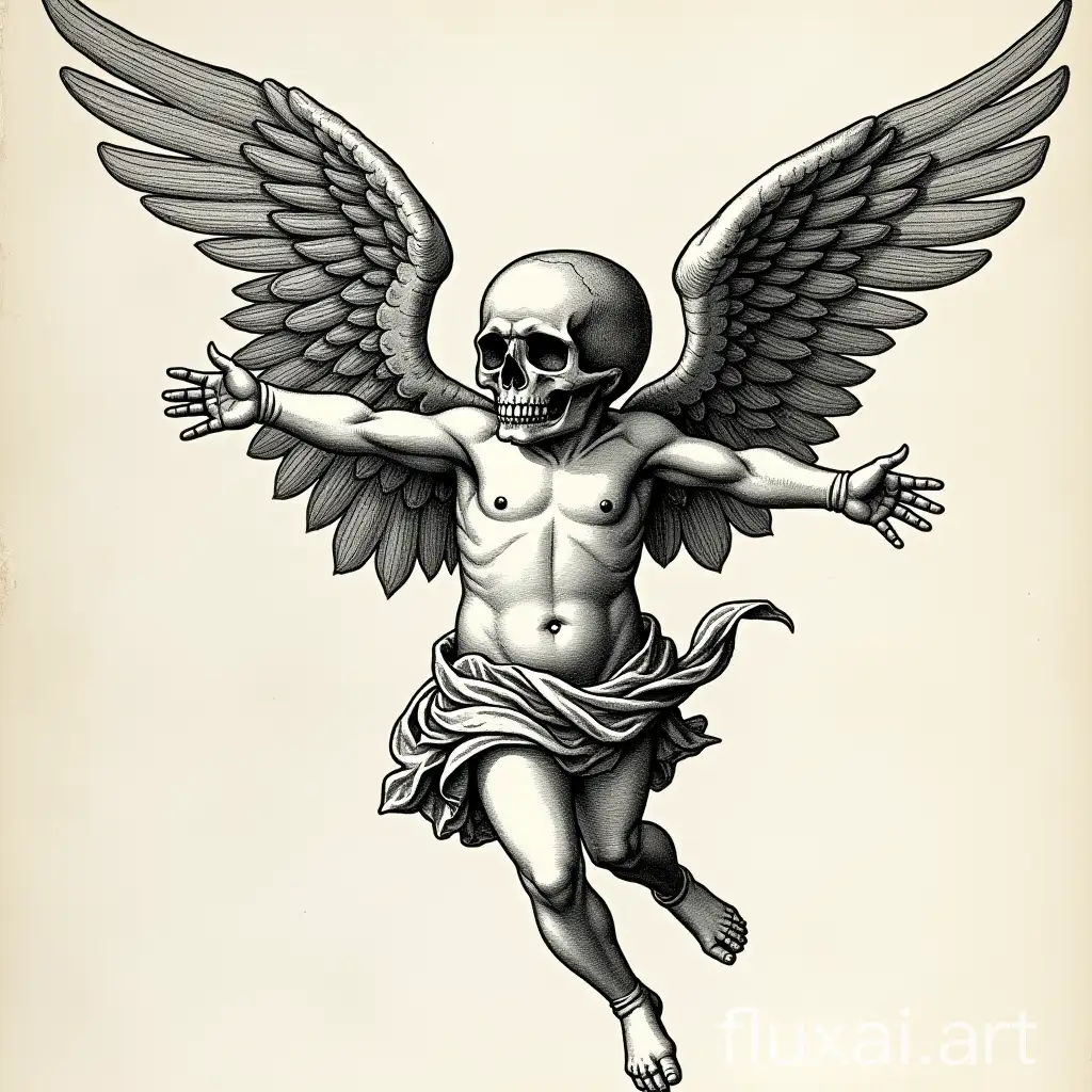 flying cherub with a skull head,medieval engraving,Gutsav Durer style