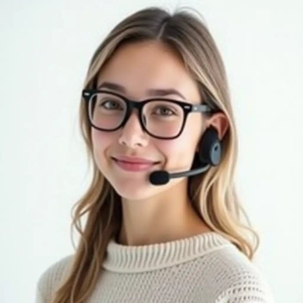Create a realistic image in 4k of a beautiful young model-like girl with a bright, attractive smile on white background. She is wearing a handsfree microphone, clearly visible and attached to her ear. She also has stylish modern glasses that harmoniously complement her look. The girl stands confidently, looking directly into the camera, with a neutral background that does not distract attention. The lighting is soft and natural, emphasizing her facial features and the details of the microphone and glasses.