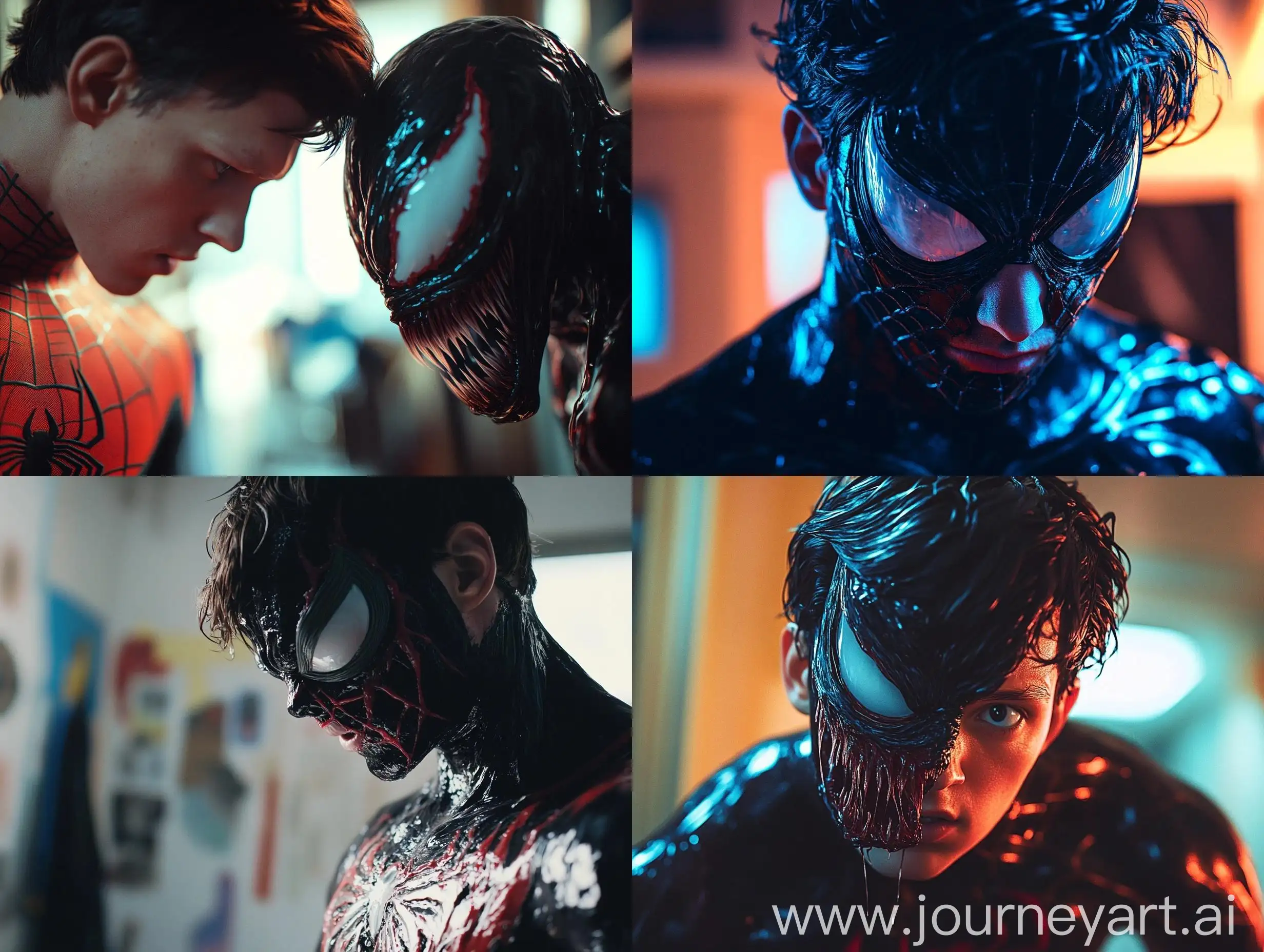 Tom-Holland-CloseUp-with-Venom-Symbiote-Forming-Black-SpiderMan-Suit