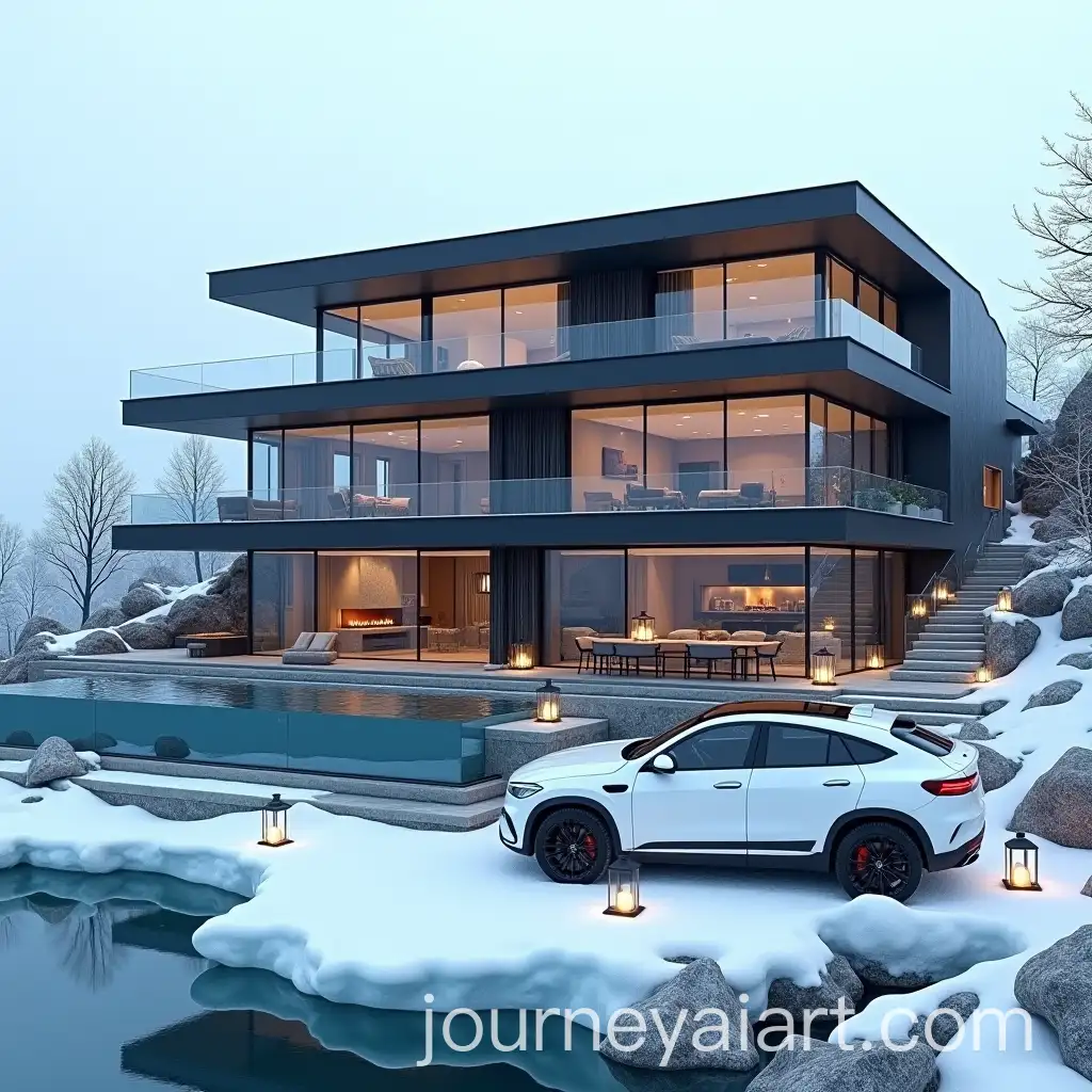 Modern-Glass-Villa-on-Arctic-Iceberg-with-Infinity-Pool-and-Luxury-Car