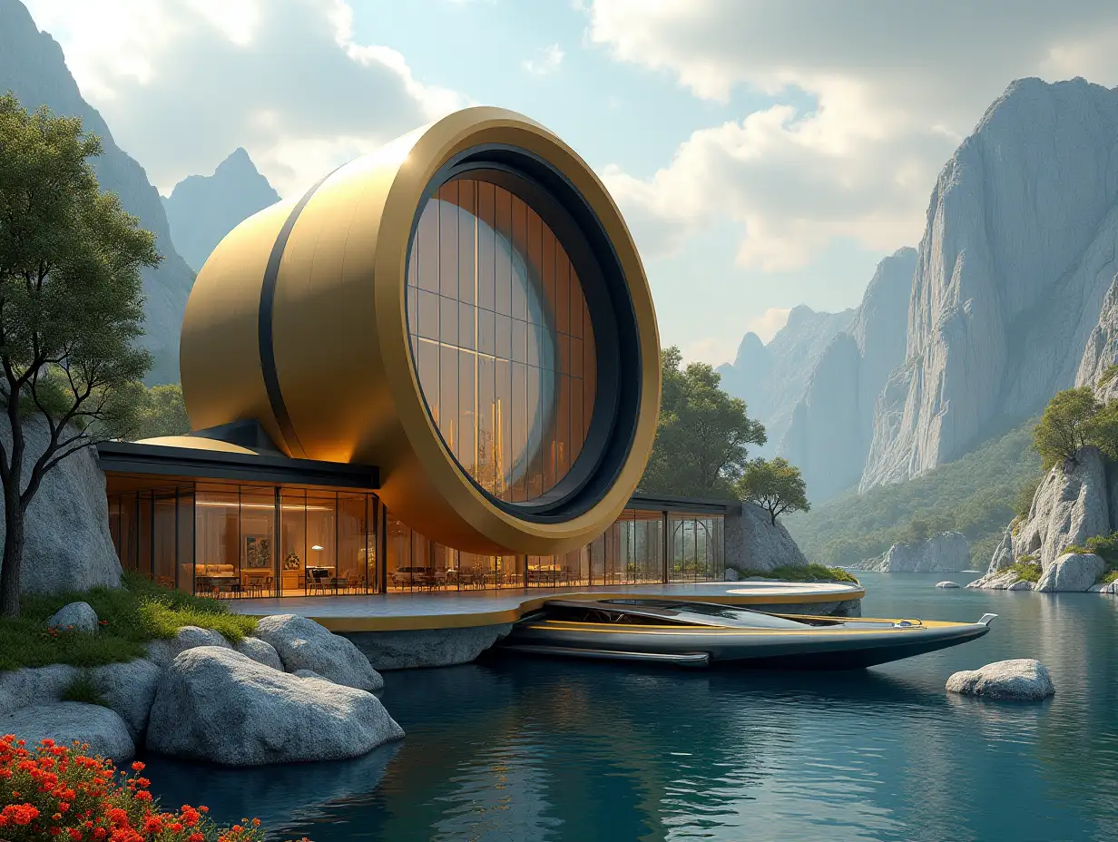 Create a high-resolution realistic image in 4k resolution of a futuristic golden building with black, curved columns, mountains, large trees, rocks, flowers, and a futuristic glass yacht with a glass deck and a cloudy sky