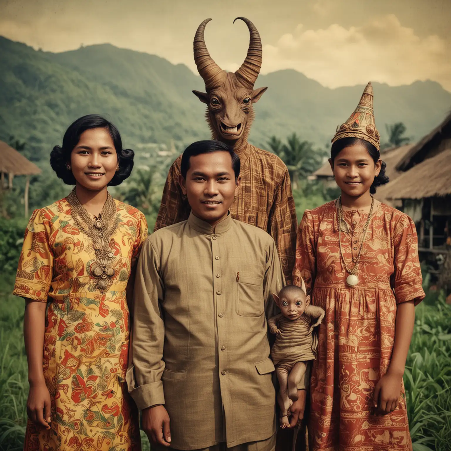 colorful Vintage indonesian's Family photo with a creature that have horn with a village background.
