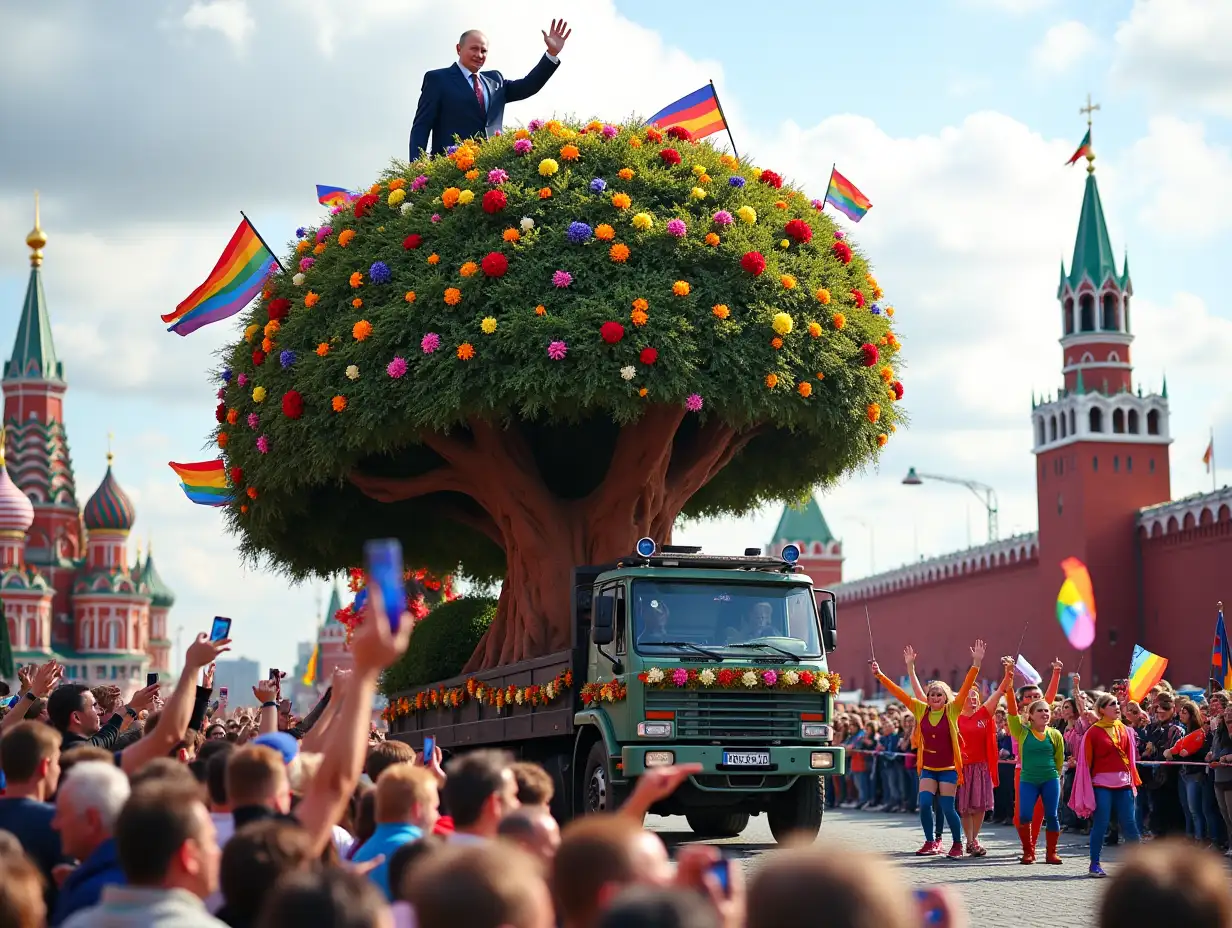 A vibrant parade takes place in Red Square, featuring a massive hazelnut tree adorned with colorful flowers and LGBT flags. Riding atop the tree is Vladimir Putin, dressed in a festive suit, waving to the cheering crowd. The tree is pulled by a truck, while performers in bright costumes dance around, celebrating unity and diversity. The atmosphere is filled with music and joy, as spectators wave flags and banners, embracing the spirit of the event.