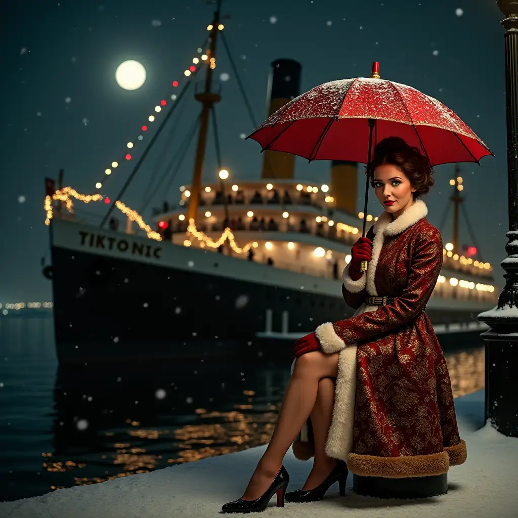 Romantic-1920s-Christmas-Scene-with-Steamer-and-Woman-in-Red-and-Gold-Fashion