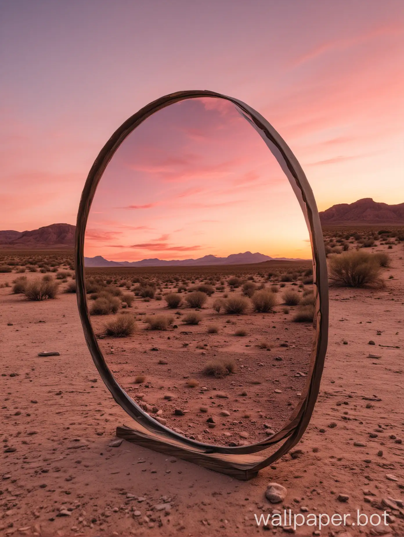 Quarter-Mirror-in-Desert-Sunset-with-Pink-Clouds