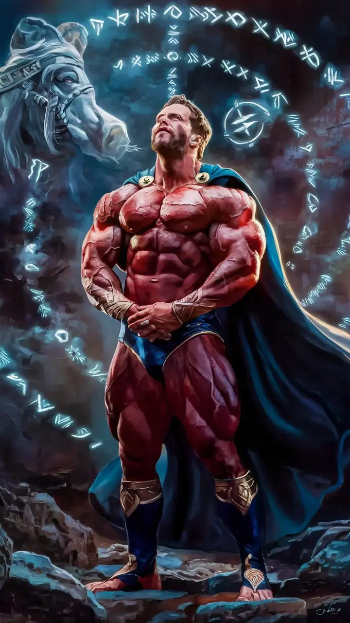 Powerfully muscled, hugely ripped, pumped, beardless bodybuilder musclegod reverently receives the powers of Odin, becomes a mighty superhero. 24 years old. Photorealistic.
