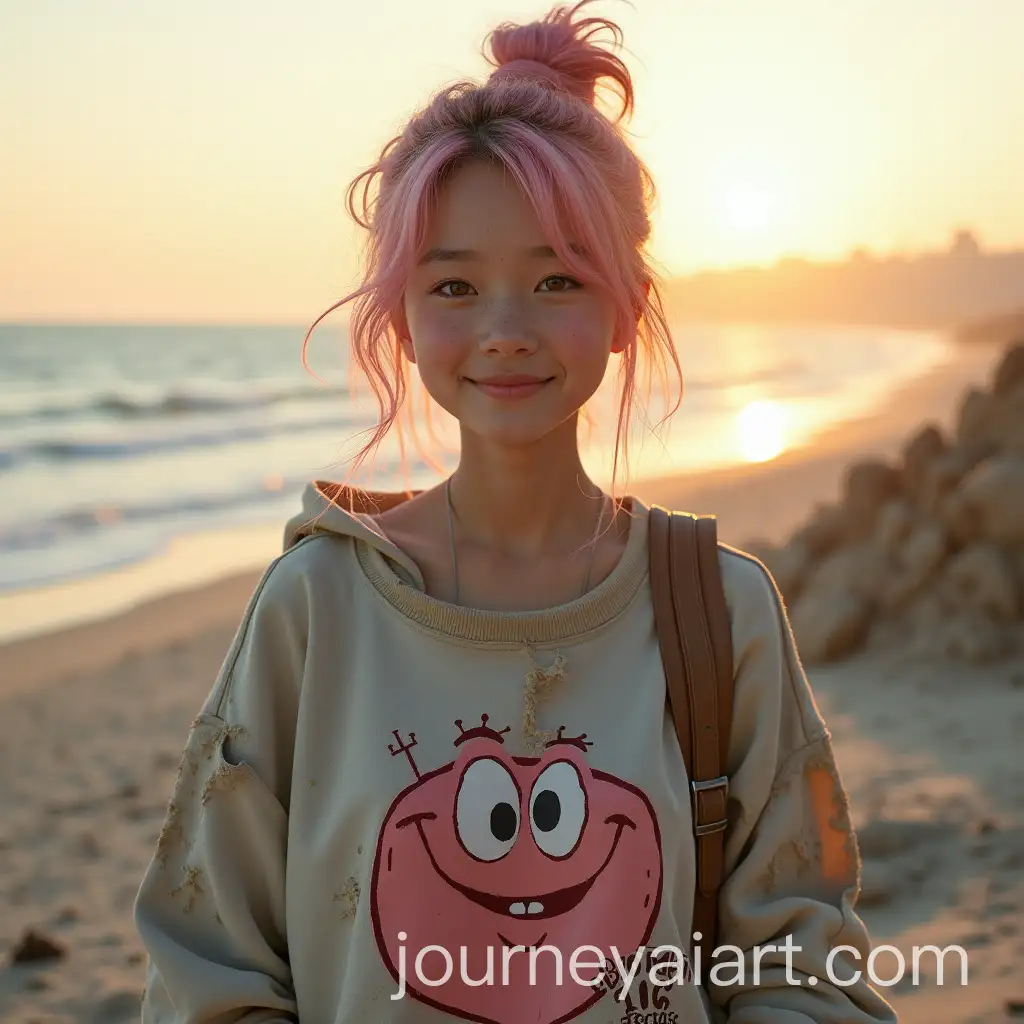 Resilient-Asian-Girl-in-PostApocalyptic-World-with-Neon-Sunset-on-Beach