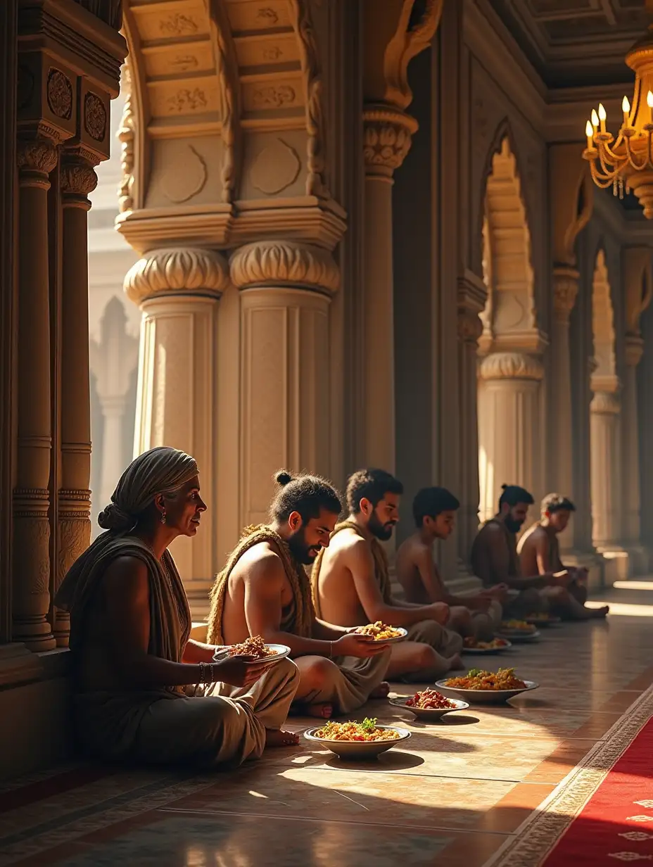 Hunter-Woman-and-Sons-Enjoying-a-Meal-in-a-Royal-Palace