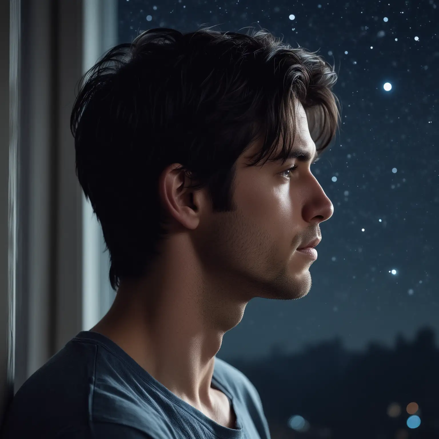 Create a highly realistic, low-light profile image of a clean-shaven man with medium-length black hair. His left profile should be prominently visible, leaning slightly against a window at night while gazing outward through the glass toward the deep blue night sky. The lighting should be extremely dim, with a faint, cool blue glow from outside subtly illuminating his profile. His face should have a unique shape, approximately 47% heart-shaped, 38% round, 13% oval, and 3% oblong, with a fleshy, well-defined nose. The window should reveal a dark, serene sky with faint stars and no city lights, emphasizing the tranquil beauty of the night. He is dressed casually in a loose t-shirt and jeans. His contemplative and heartbroken expression should be clearly visible in the low light, with minimal but realistic shadows enhancing the depth of his features. The overall dark blue tint of the night should intensify the calm, introspective mood, capturing the profound solitude of someone lost in thought while looking out at the expansive, starry sky.