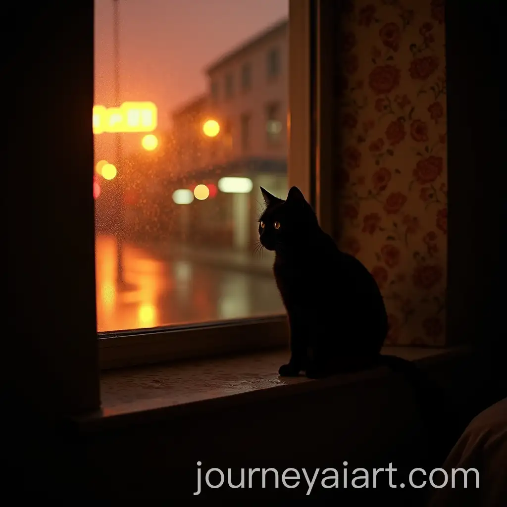 Sleek-Black-Cat-on-a-WindowsAI-Image-Prompt-Expansionill-in-a-1950s-Seaside-Hotel-Room-at-Sunset