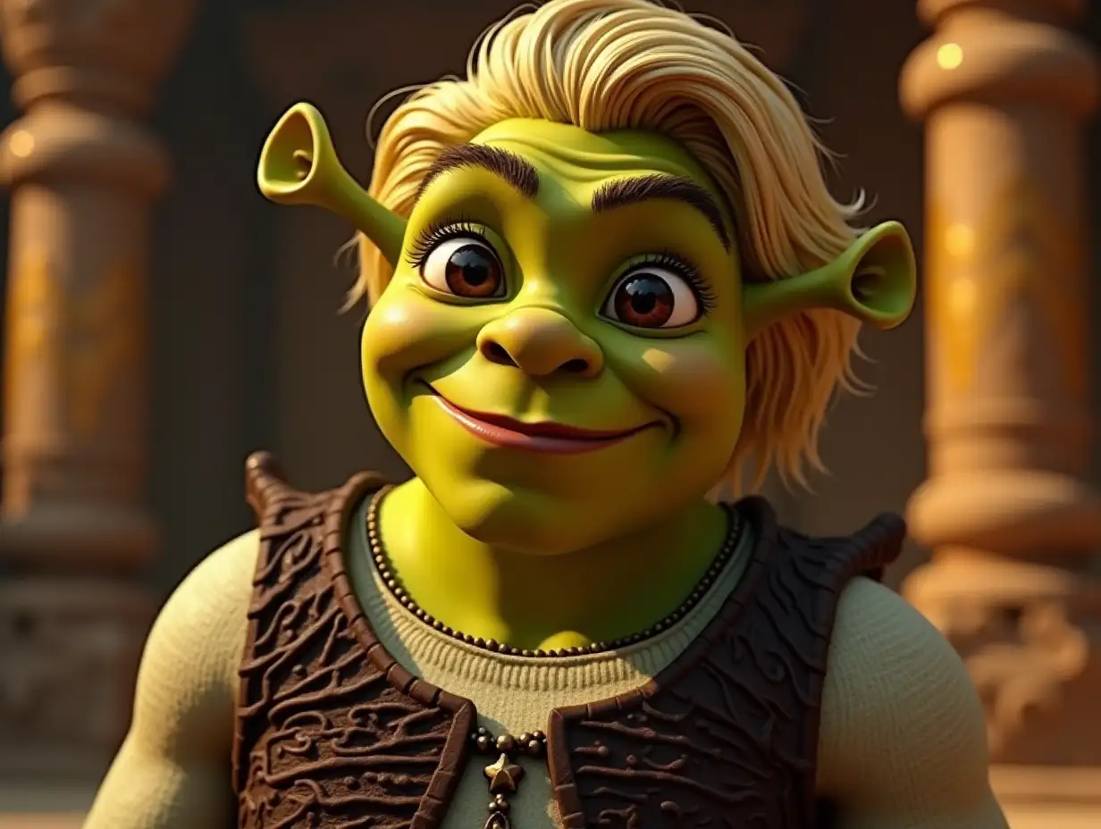 Young black and white patternnShrek with Alien face,nwith golden hair, with a slightnsmile on his face, emphasizingnhis smile,jewelry,in a temple with lots of goldndifferent shades 4k