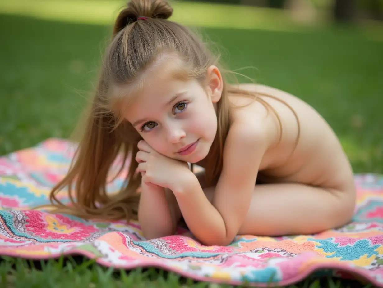 Slender young girl, long golden brown hair, updo, hazel eyes, pale shiny skin. No shirt. Curled up on her side with her knees tucked under on a colorful blanket on the grass. View from the side.