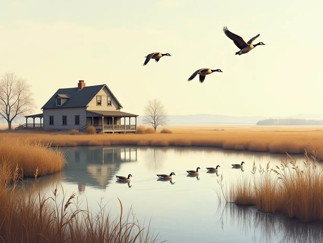 Canadian Geese Hunting at Tranquil Old Farmhouse