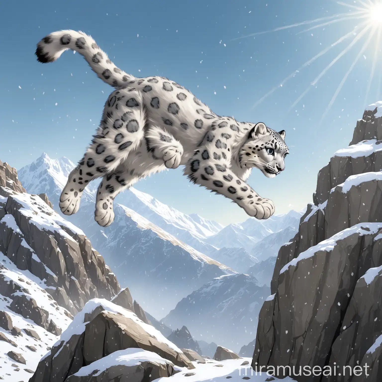 Graceful Snow Leopard Leaping Across Mountain Rocks