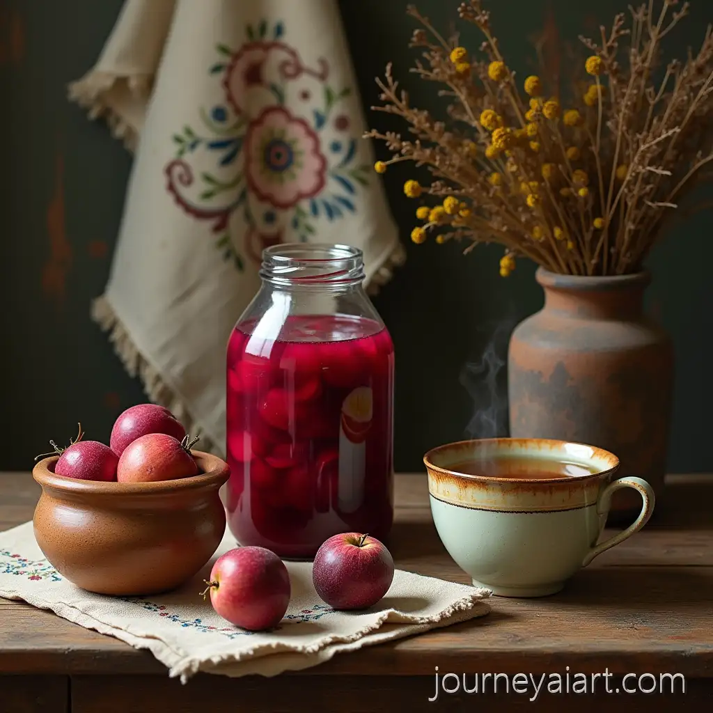 Cozy-Rustic-Still-Life-with-Pickled-Apples-Fermented-Beetroot-and-Honey-Sbiten