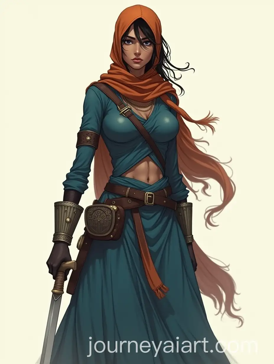 Fierce-Indian-Female-Warrior-in-Flowing-Blue-Robe