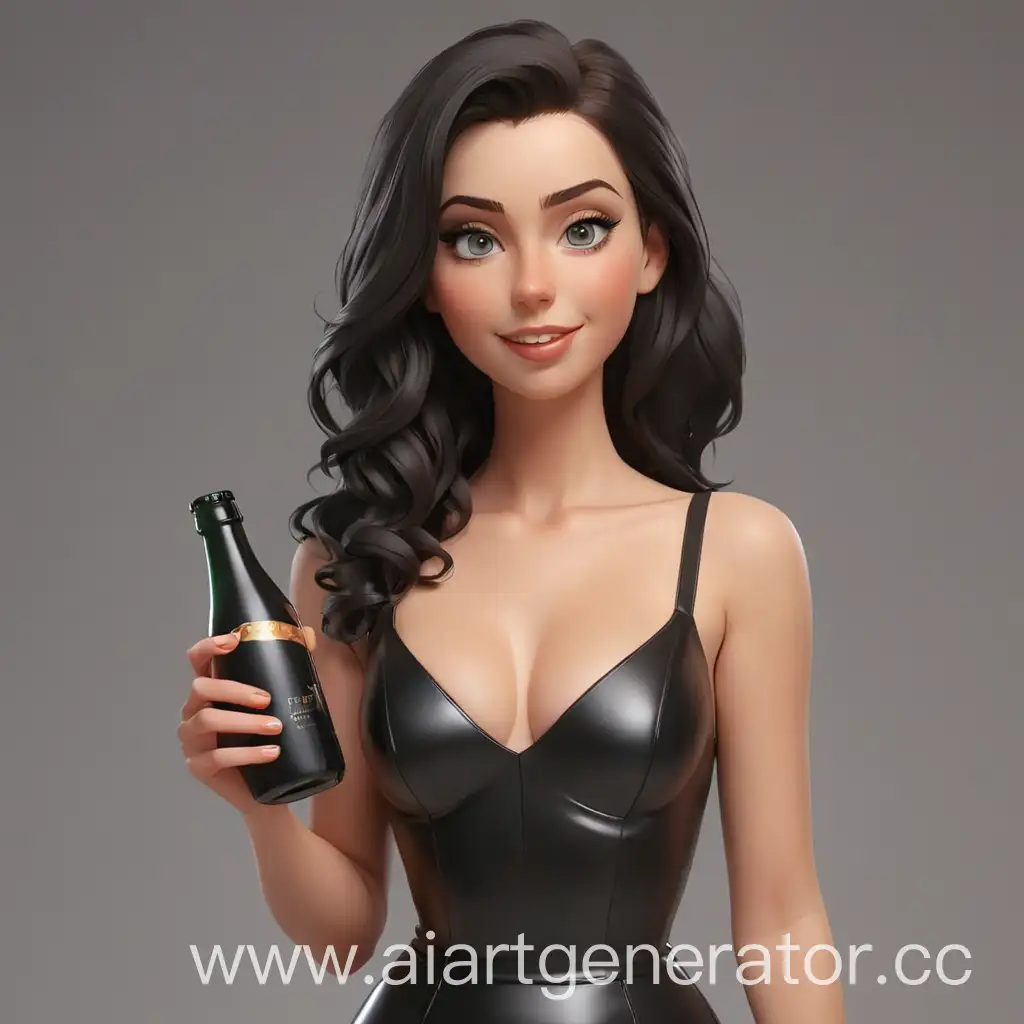 Young-Woman-in-Black-Latex-Dress-with-Deep-Cut-Holding-a-Bottle-in-3D-Animation