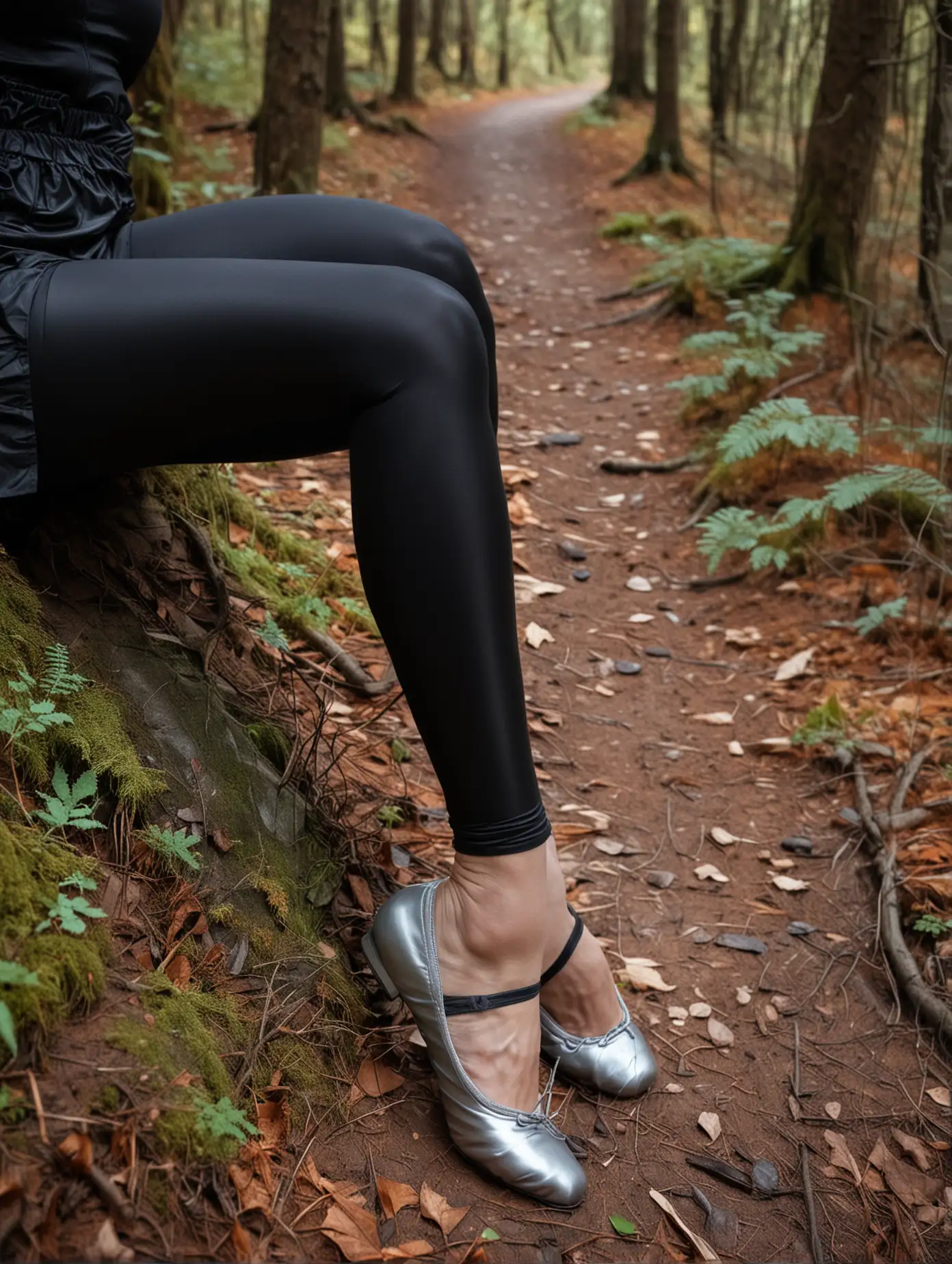 frauenbeine von den Waden abwärts, in schwarzen glänzenden spandex leggings, schwarzen strumpfhosen und silbernen ballettschläppchen, im wald