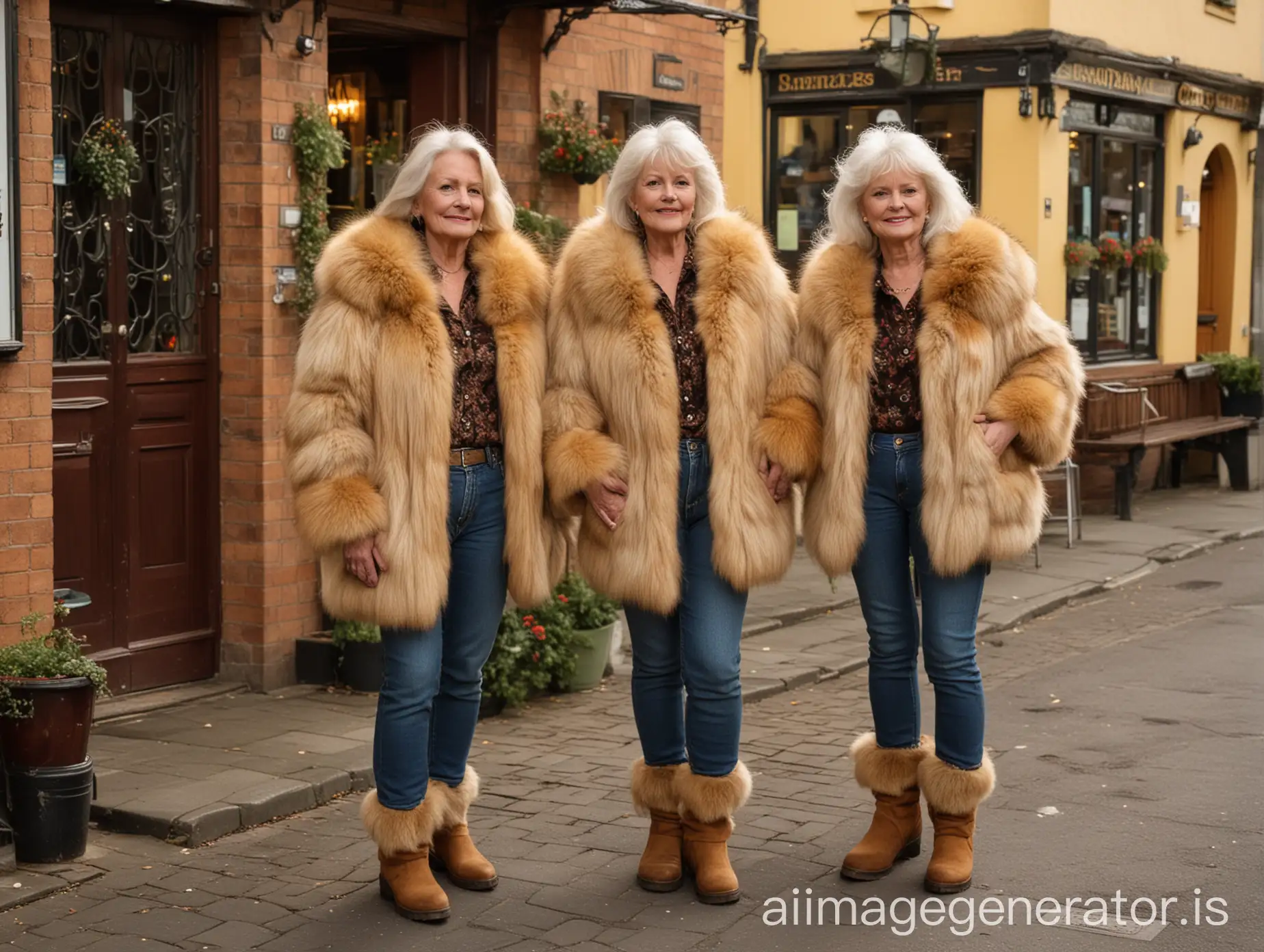 Two older-looking 70-year-old women with long hair, wearing fluffy golden fox fur jackets with huge collars and cuffs, jeans and fur-trimmed boots, standing outside a pub at sunset