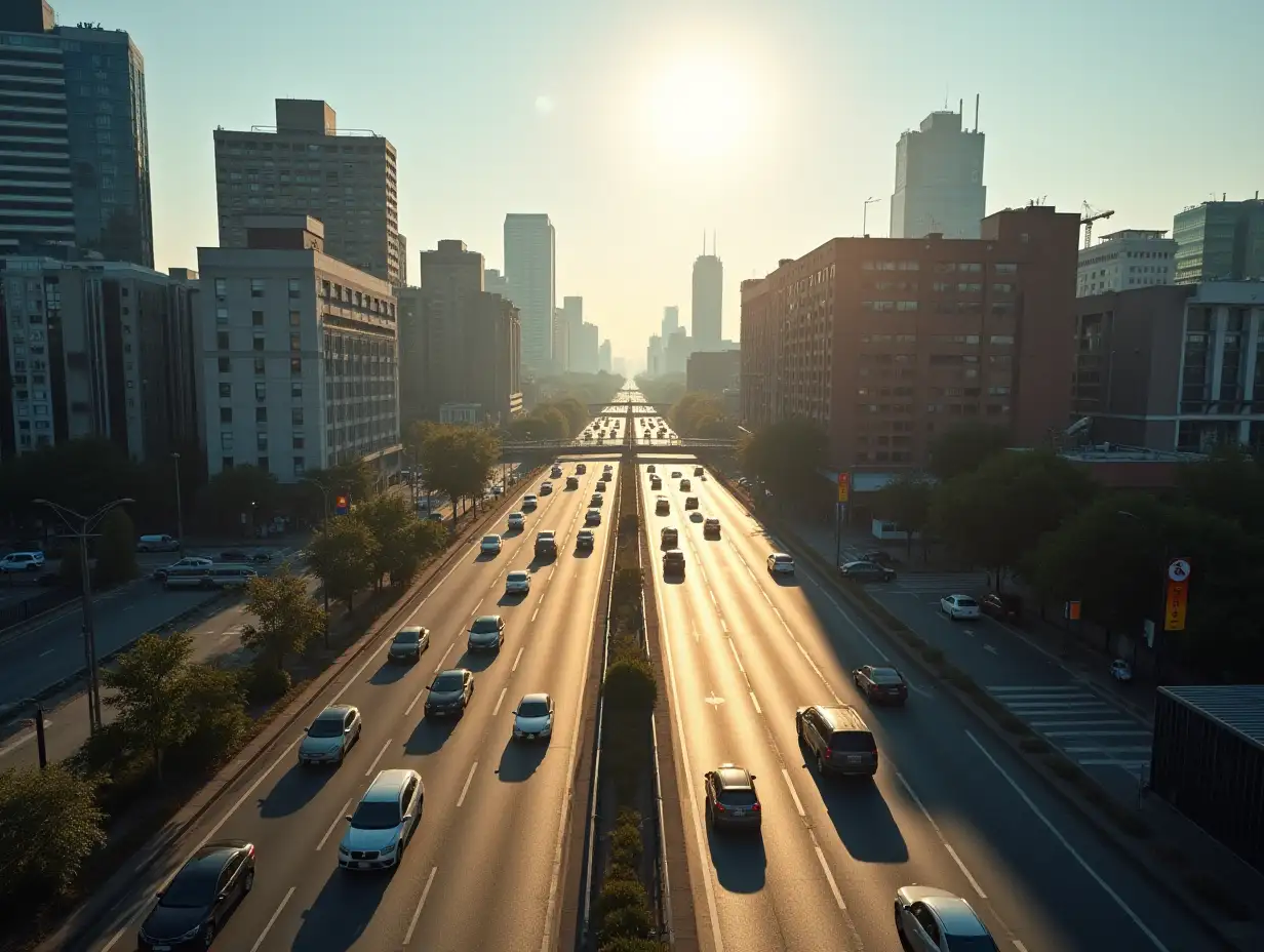 City, traffic flow, bright sunlight, aerial photography