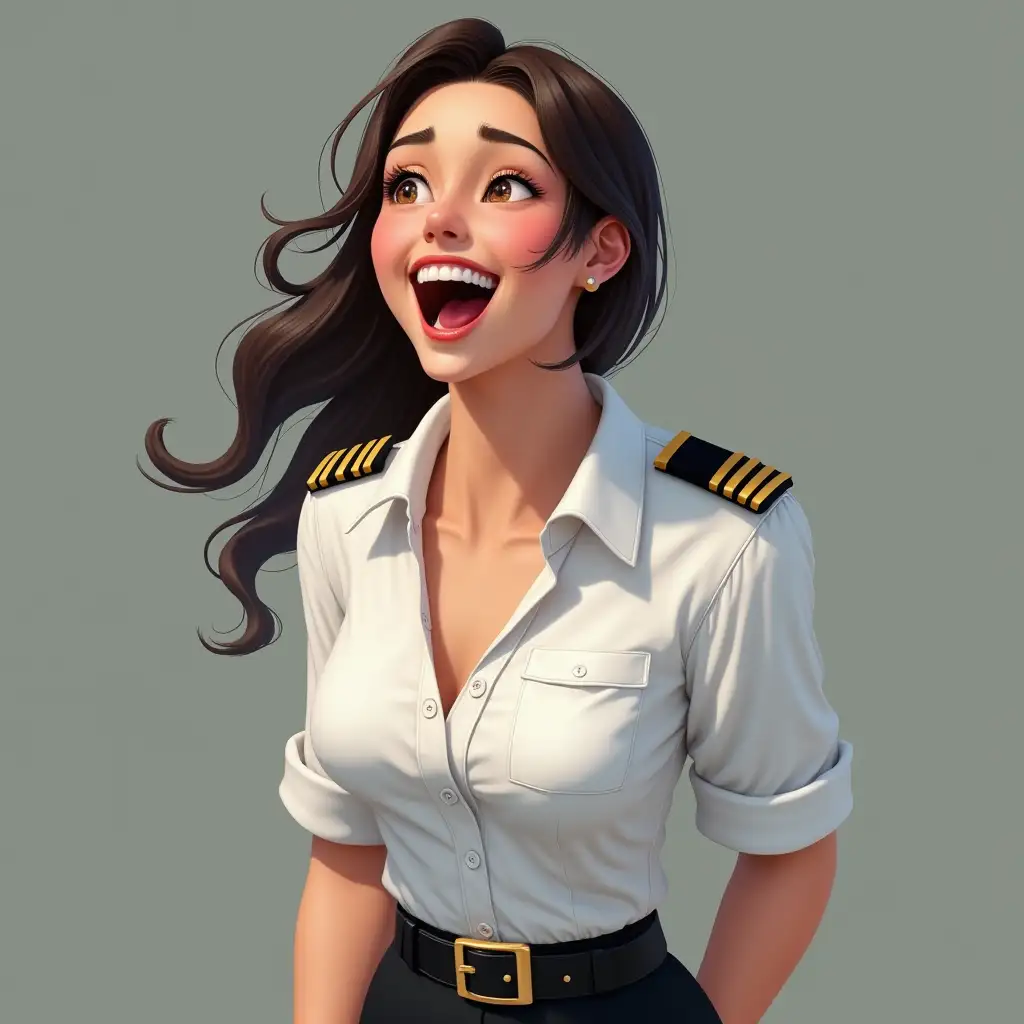 pilot girl in white unbuttoned shirt, laughing, open mouth, red lips, belt on waist, hd, realism