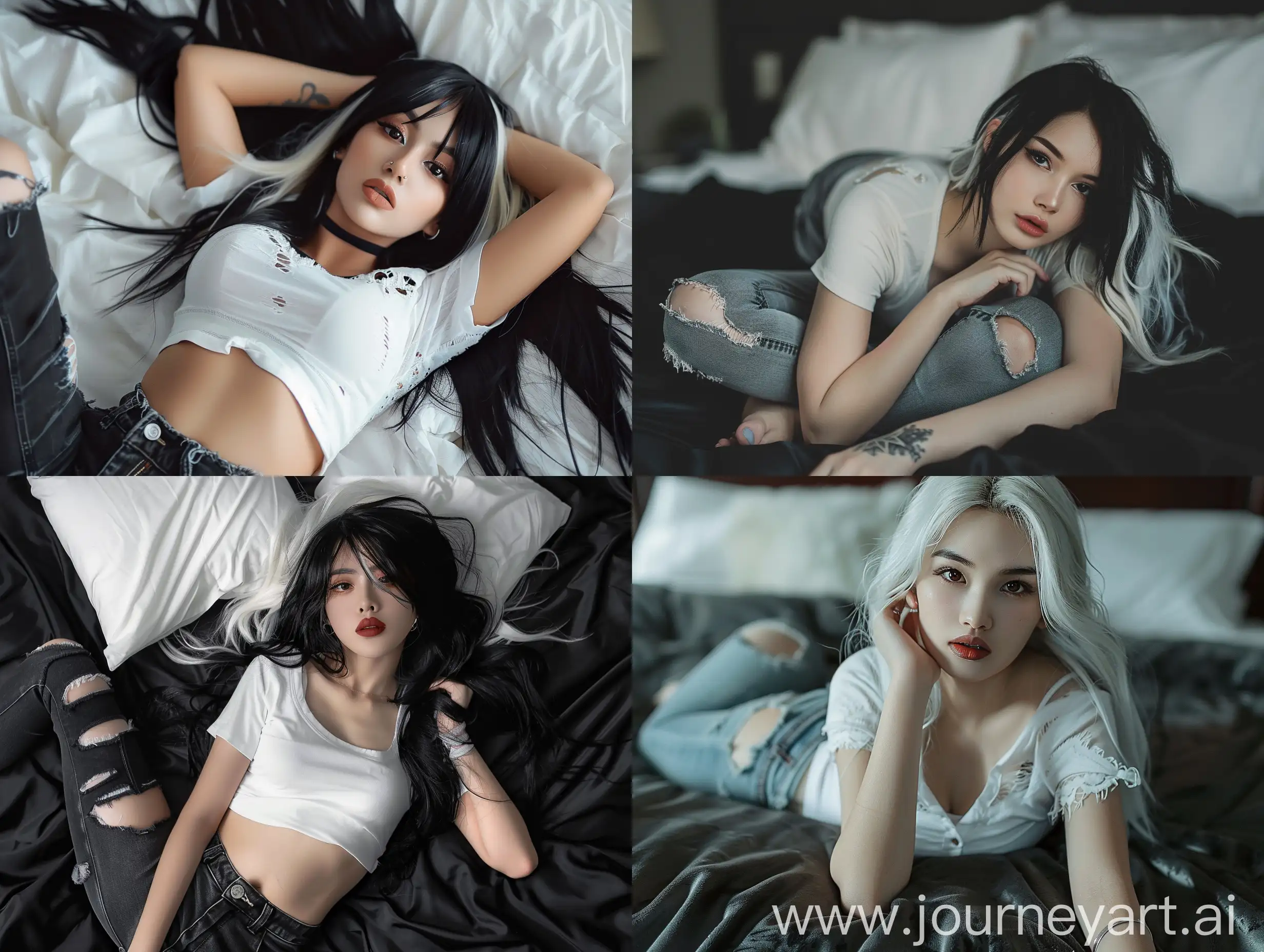 Asian-Girl-with-Black-and-White-Hair-in-Stylish-Casual-Outfit-on-Bed