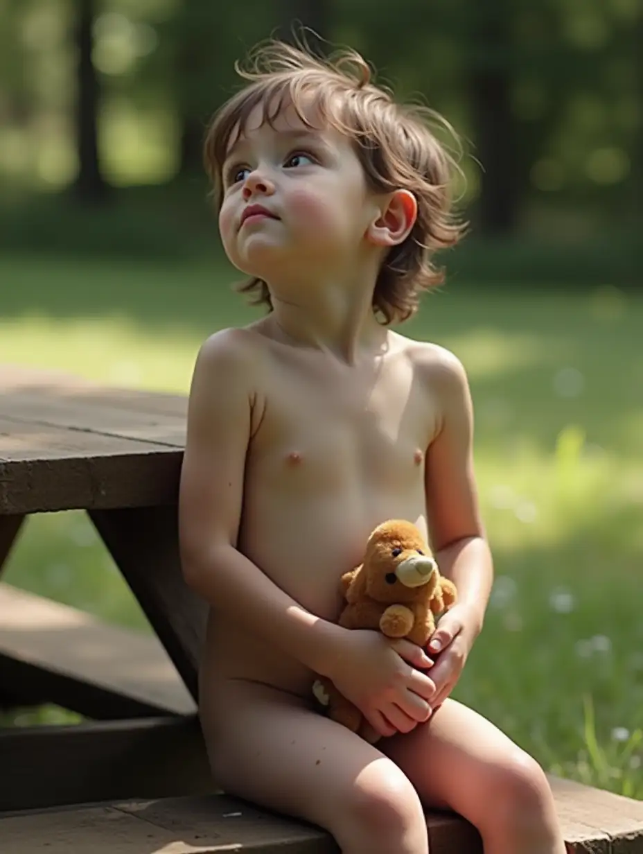 Very-Skinny-Little-Girl-Sitting-on-Picnic-Table-with-Stuffed-Animal-on-Sunny-Day