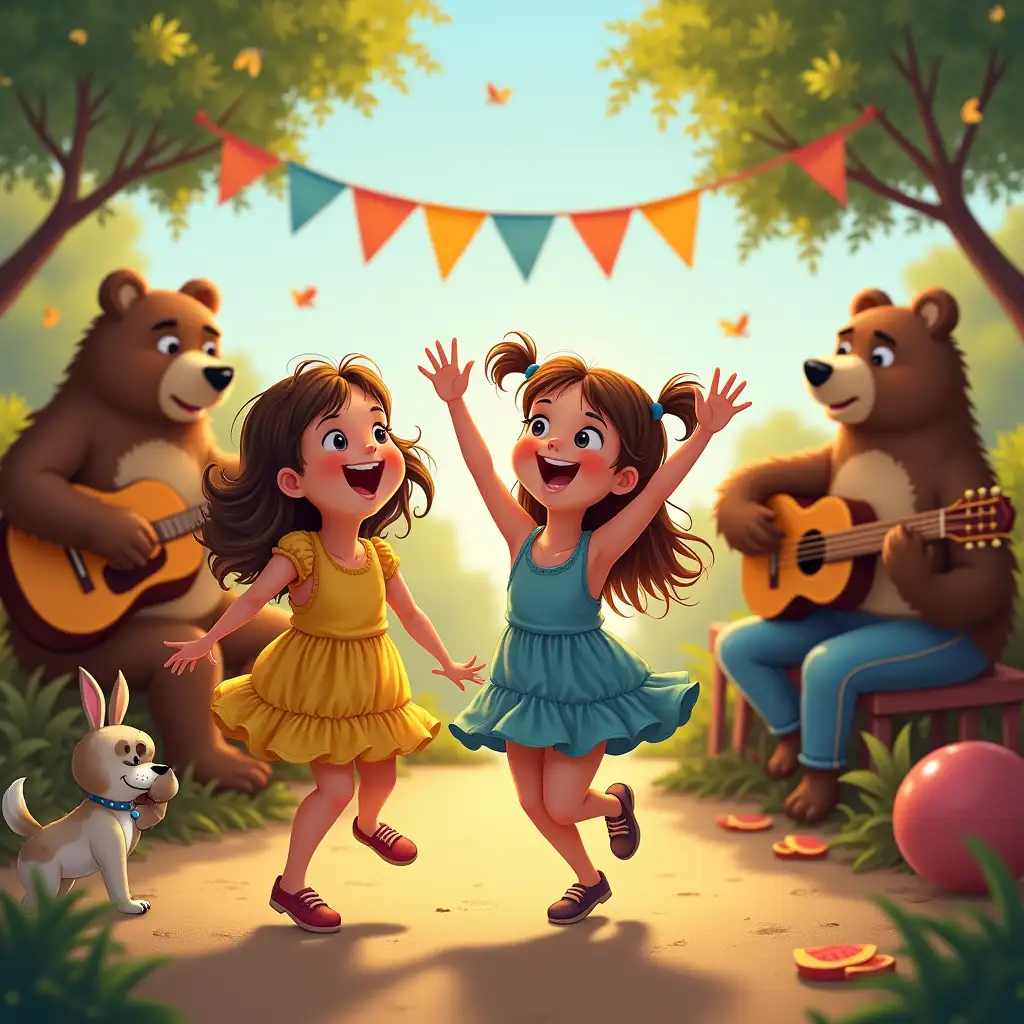 Funny Friday party with little girls, dancing and celebrating summer has arrived while bears play guitars and dogs play piano on the background on a realistic style