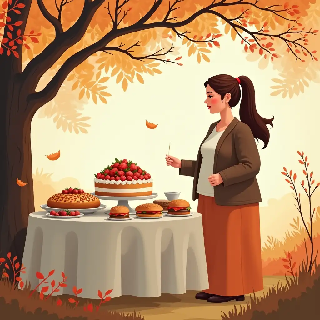 user_prompt: Vector illustrationnBeautiful postcard.nAutumn, rowan tree,nTable standing.nIt's covered by a tablecloth.nOn the table in the center there is a big cake.nWedding loaf with flowers, decorated,nSalad.nMeat well-cooked in large piece.nPizza and hamburgers around.nNear the table stands an older womannIn age of 57,nWith extra weight. nLong brown hair,nGathered in a ponytail.nWithout a headscarf.nLong orange skirt and brown jacket on her.