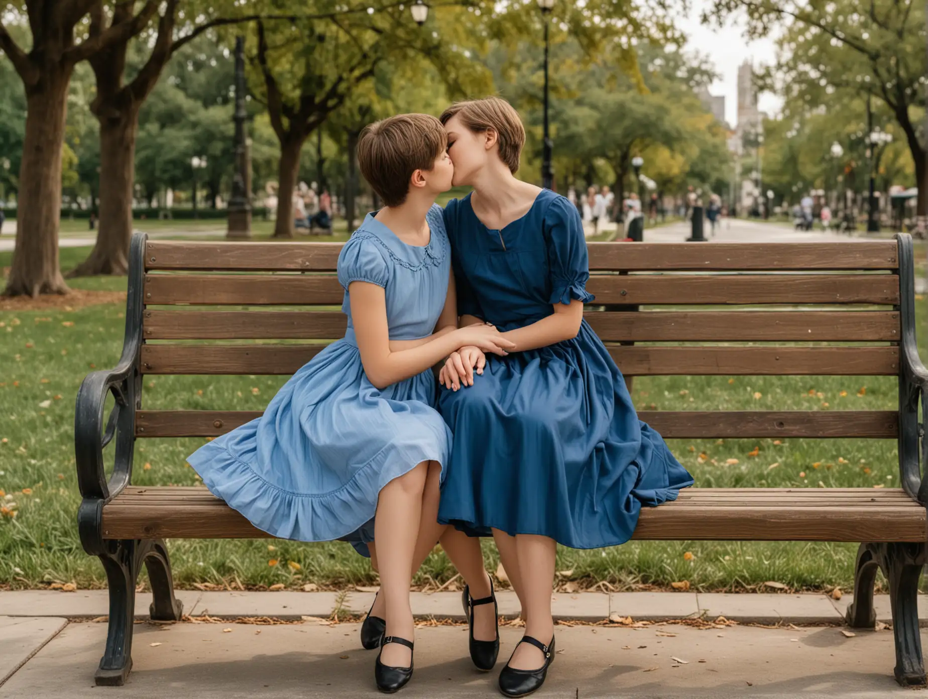 Two-Teen-Boys-in-Blue-Dresses-and-Ballet-Flats-Sitting-on-Park-Bench